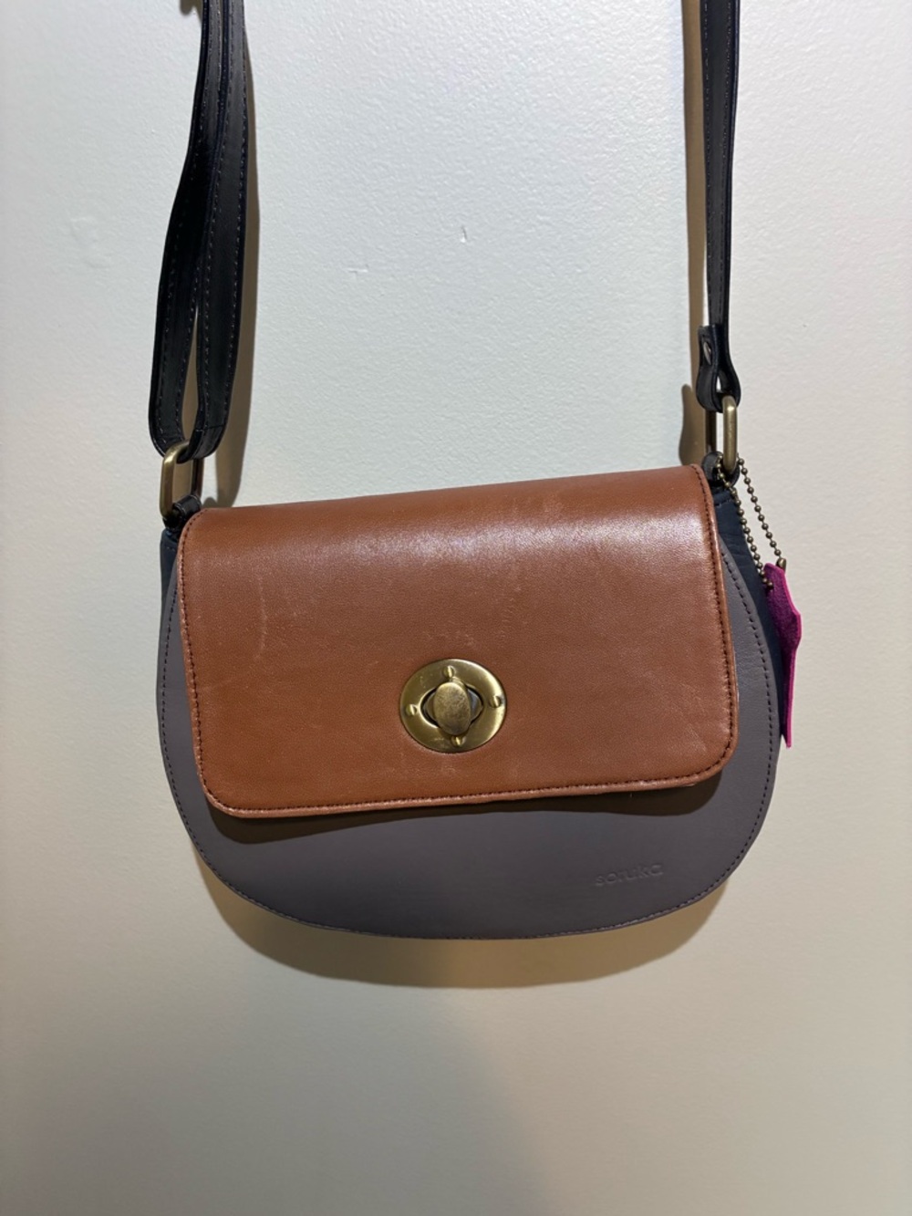 Soruka Two-Tone Brown, Gray and Black Leather Crossbody with Gold Turn-Lock